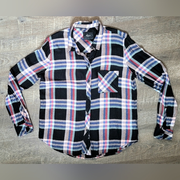 Rails Hunter Button-Down Plaid Top Women's M Black Melon Aqua Gold Relaxed Fit - Picture 6 of 14